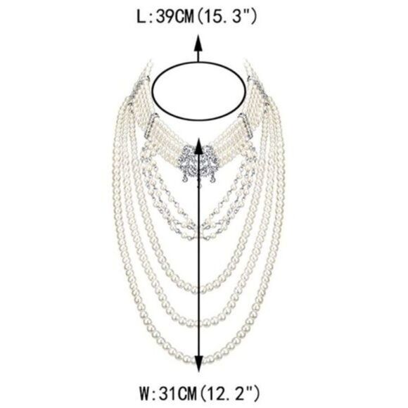 Silver with Crystal and Faux Pearl Vintage Victorian Style Bib Collar Necklace - Picture 5 of 6